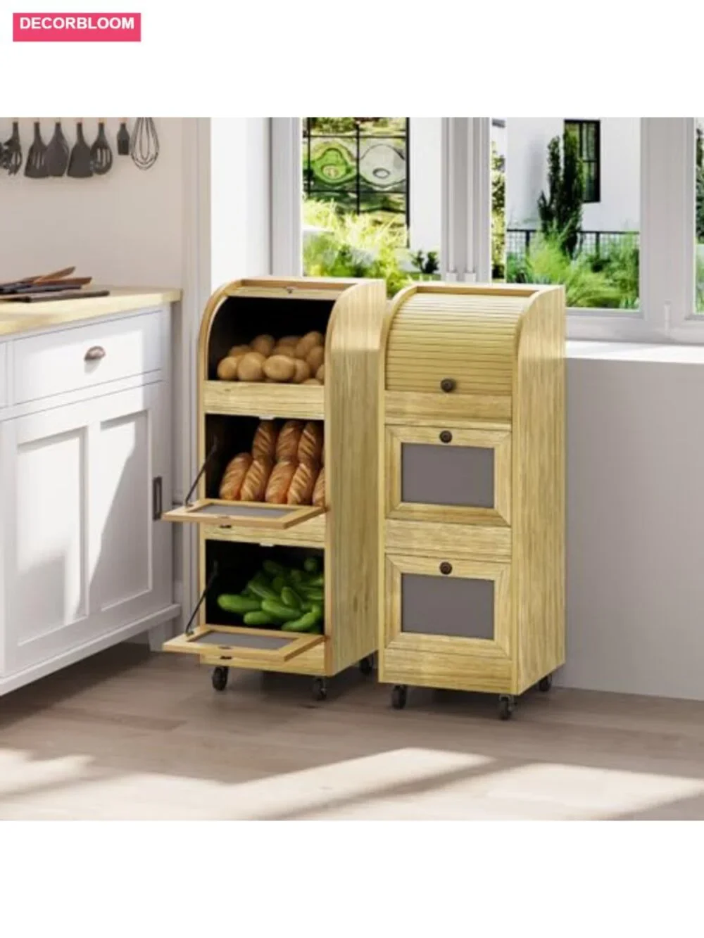3-Tier Potato Onion Storage Bin with Wheels & Mesh Doors Bread Box Natural